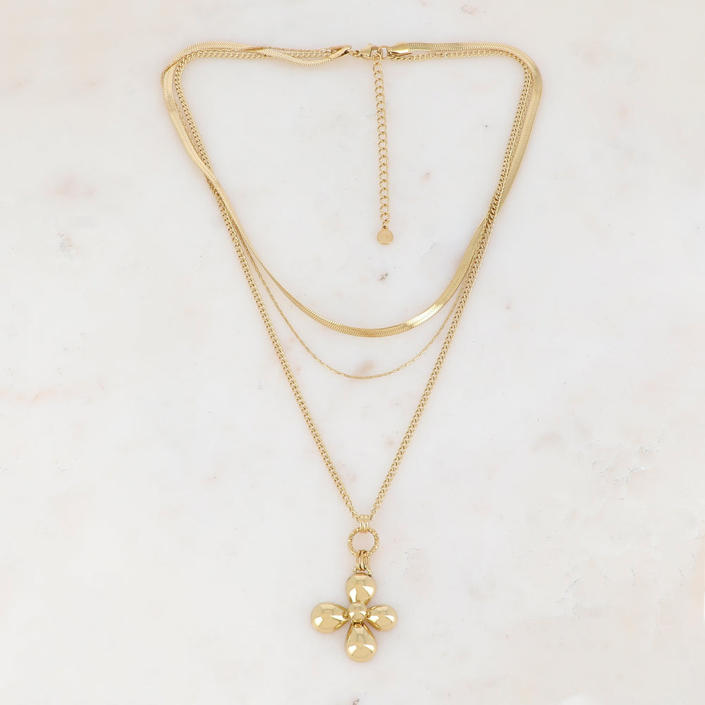 Collier triple rangs avec fleur (38/40/46+7CM)