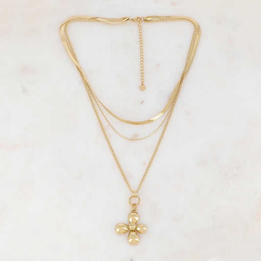 Collier triple rangs avec fleur (38/40/46+7CM)
