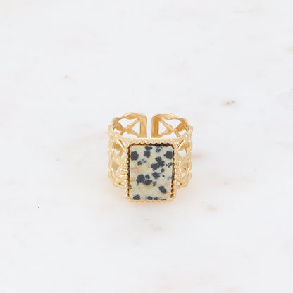 Bague large - anneau quadrillé ajouré et pierre naturelle jaspe dalmatien rectangulaire plate