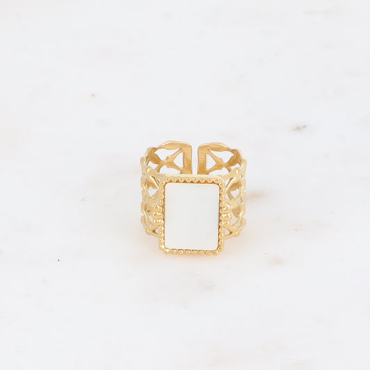 Bague large - anneau quadrillé ajouré et pierre naturelle nacre blanche rectangulaire plate