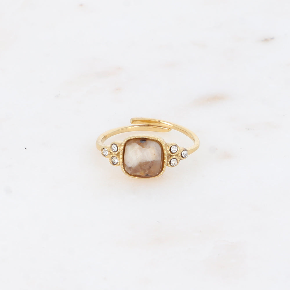 Bague fine - pierre naturelle jaspe paysage carrée et oxydes de zirconium