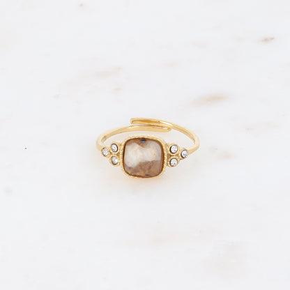 Bague fine - pierre naturelle jaspe paysage carrée et oxydes de zirconium