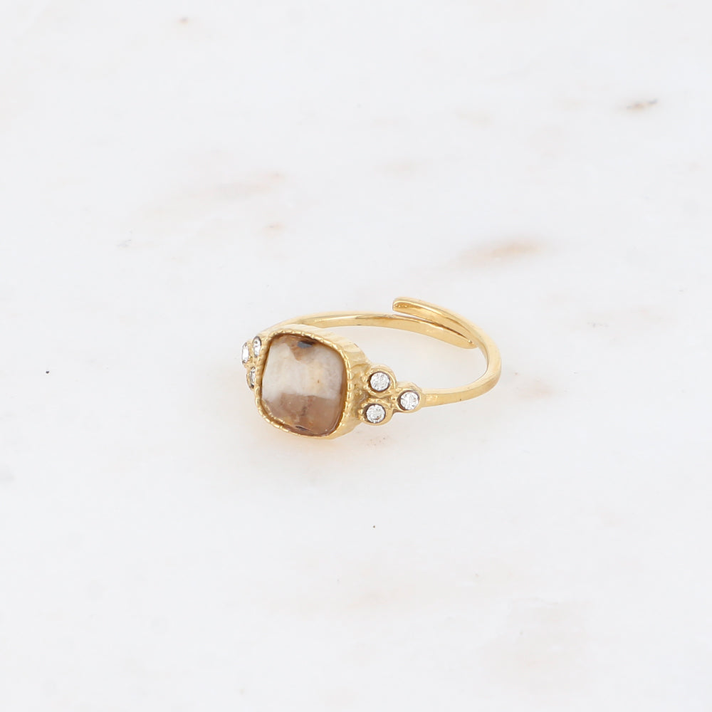 Bague fine - pierre naturelle jaspe paysage carrée et oxydes de zirconium