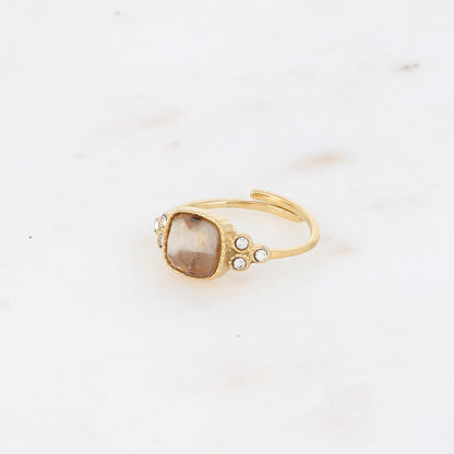 Bague fine - pierre naturelle jaspe paysage carrée et oxydes de zirconium