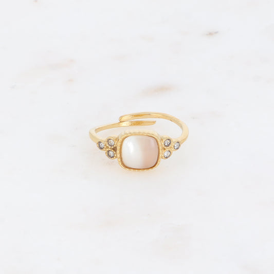 Bague fine - pierre naturelle nacre blanche carrée et oxydes de zirconium