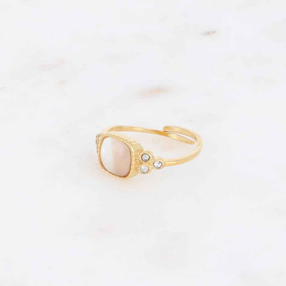Bague fine - pierre naturelle nacre blanche carrée et oxydes de zirconium