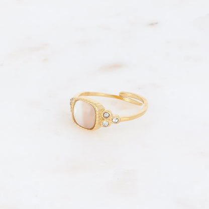 Bague fine - pierre naturelle nacre blanche carrée et oxydes de zirconium