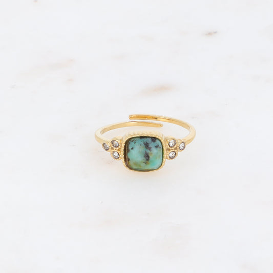 Bague fine - pierre naturelle turquoise africaine carrée et oxydes de zirconium