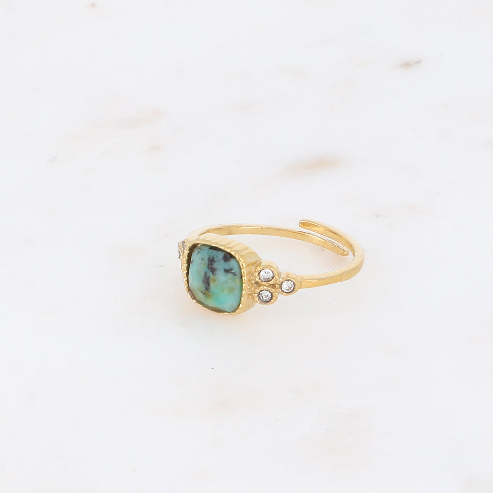 Bague fine - pierre naturelle turquoise africaine carrée et oxydes de zirconium