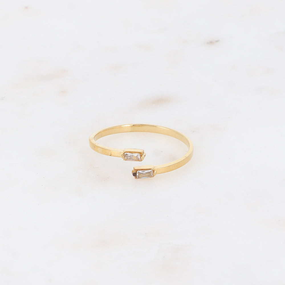 Bague fine et ouverte - 2 cristaux rectangulaires blancs
