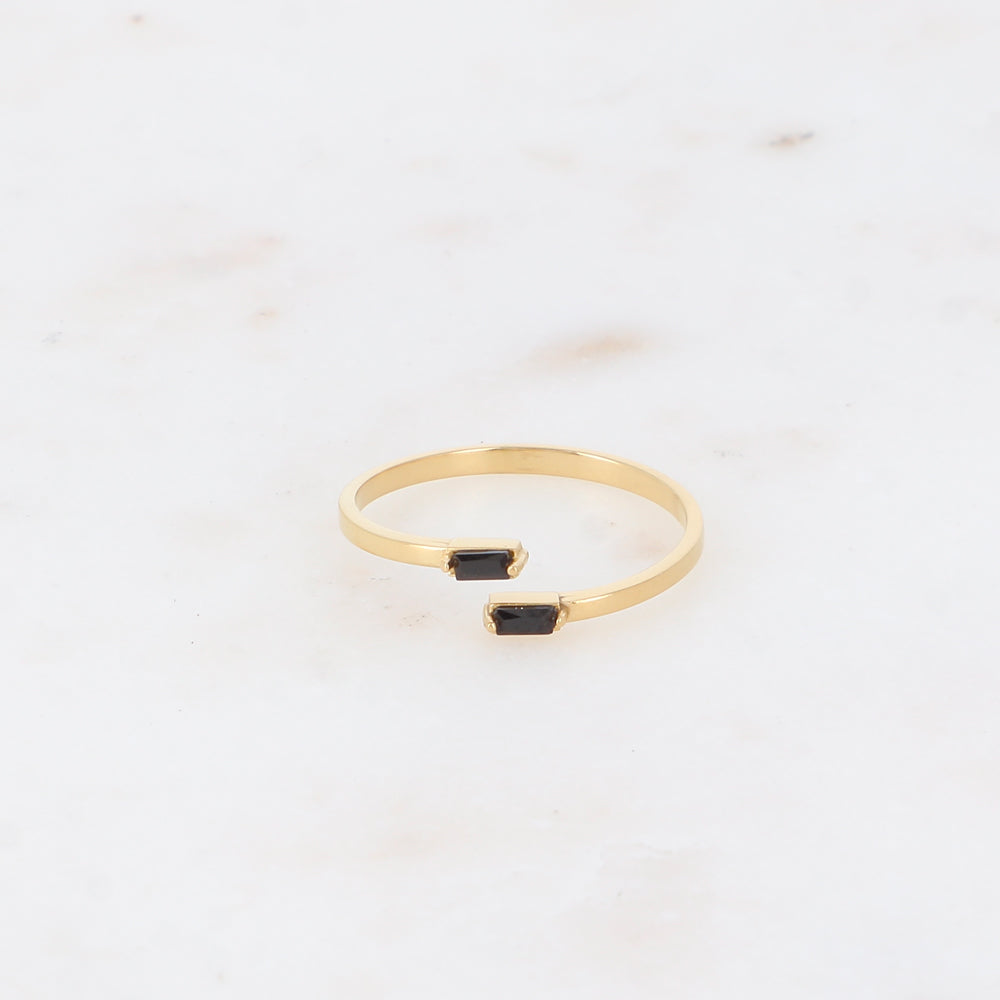 Bague fine et ouverte - 2 cristaux rectangulaires noirs