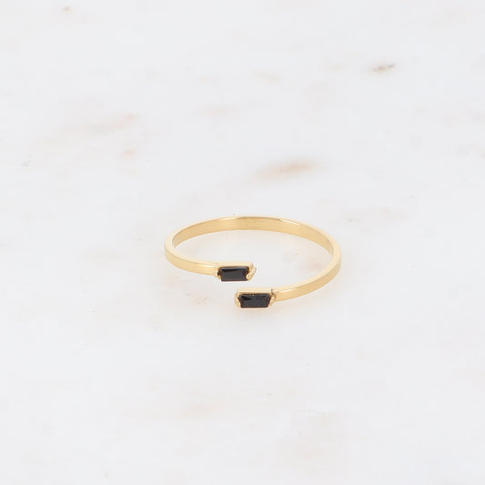 Bague fine et ouverte - 2 cristaux rectangulaires noirs