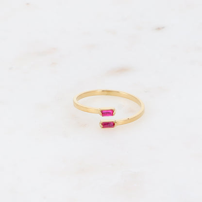 Bague fine et ouverte - 2 cristaux rectangulaires roses