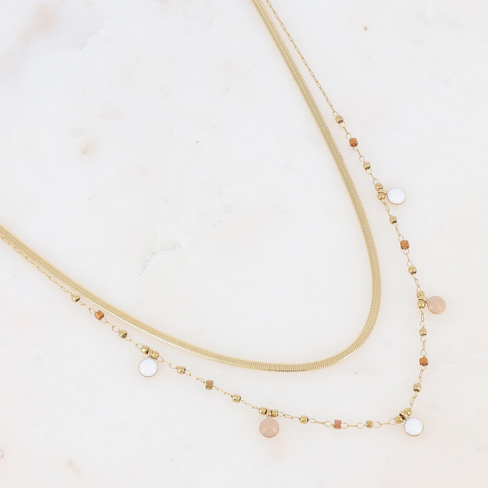 Collier double rangs avec perles de rocaille et pastilles émaillées (39/41+5CM)