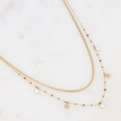 Collier double rangs avec perles de rocaille et pastilles émaillées (39/41+5CM)