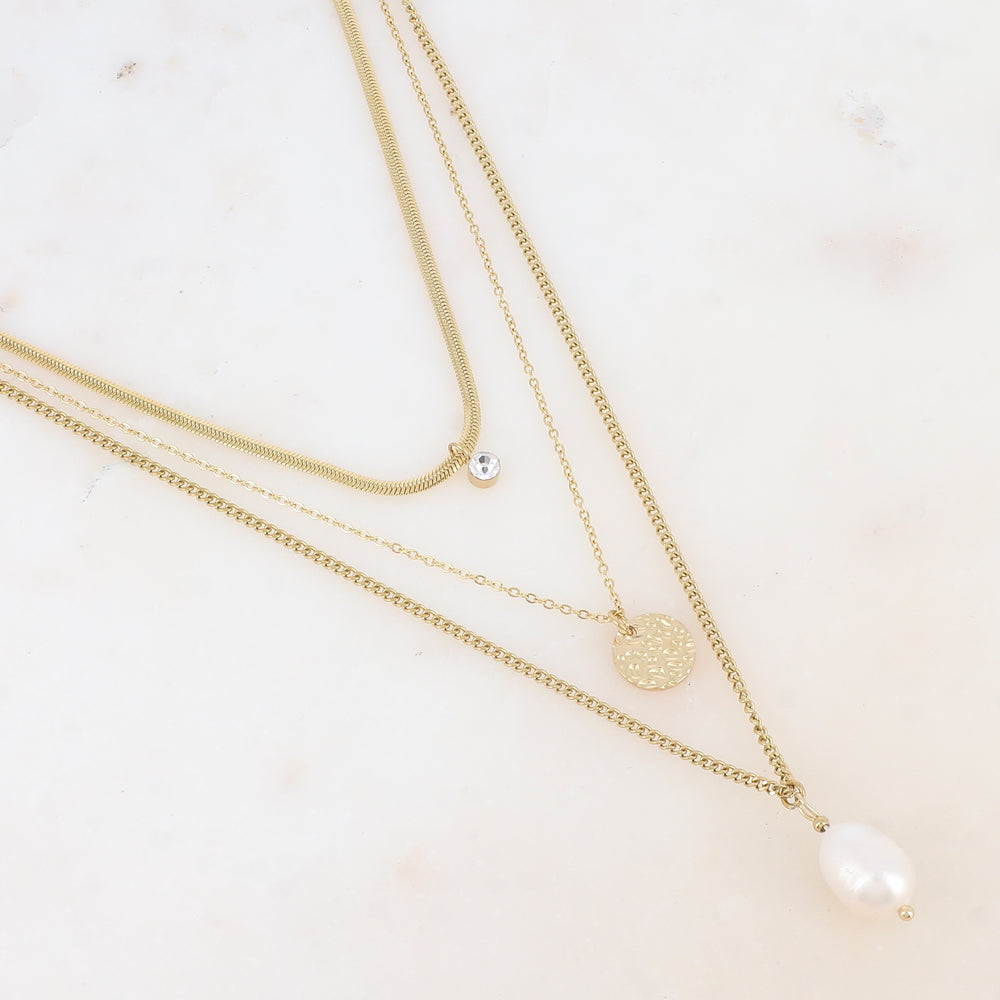 Collier trois rangs avec maille, perle d'eau douce, et oxyde de zirconium (38/44/50+7CM)
