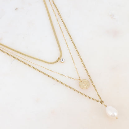 Collier trois rangs avec maille, perle d'eau douce, et oxyde de zirconium (38/44/50+7CM)