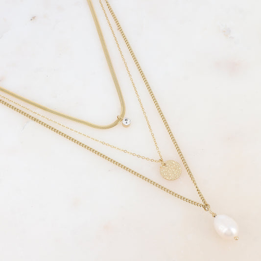 Collier trois rangs avec maille, perle d'eau douce, et oxyde de zirconium (38/44/50+7CM)