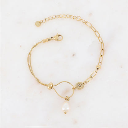 Bracelet en maille avec perle d'eau douce, strass, étoile, petite boule et rondelle