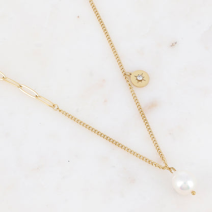 Collier en maille avec perle d'eau douce, strass et étoile (40+5CM)