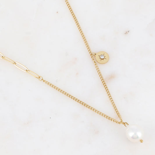 Collier en maille avec perle d'eau douce, strass et étoile (40+5CM)