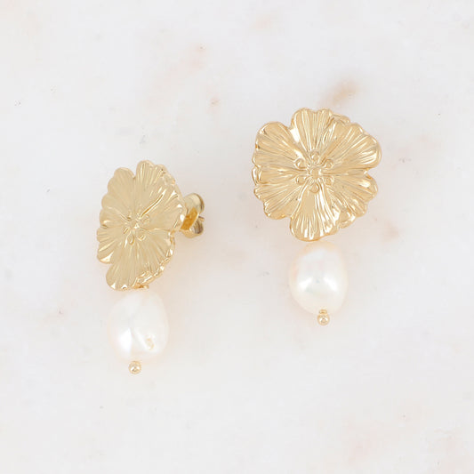 B.O à puce avec pièce à motif fleur et perle d'eau douce 2 x 3,5 cm