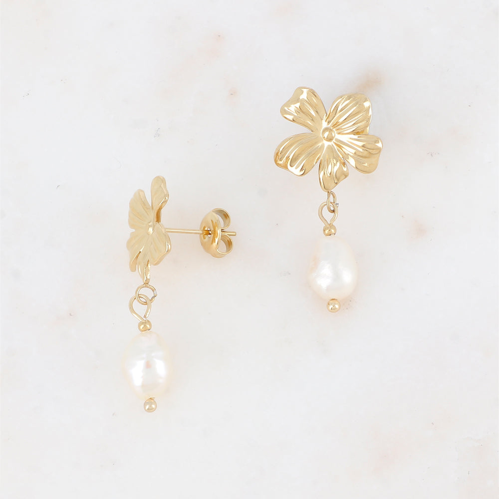 B.O à puce avec pièce à motif fleur et perle d'eau douce 1,5 x 3,3 cm