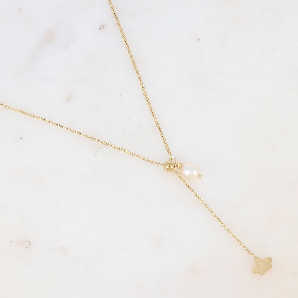 Collier Y avec feuille de ginkgo et perle d'eau douce (45+5CM)