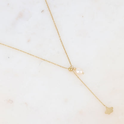 Collier Y avec feuille de ginkgo et perle d'eau douce (45+5CM)