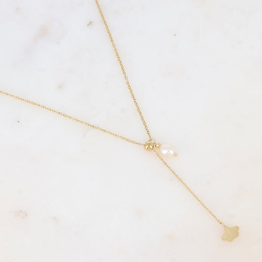Collier Y avec feuille de ginkgo et perle d'eau douce (45+5CM)