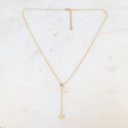 Collier Y avec feuille de ginkgo et perle d'eau douce (45+5CM)