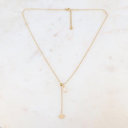 Collier Y avec feuille de ginkgo et perle d'eau douce (45+5CM)