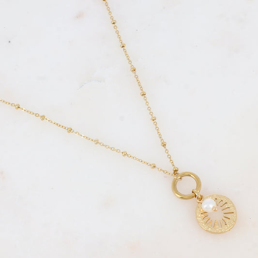 Collier avec anneau, soleil et perle d'eau douce (40+5CM)