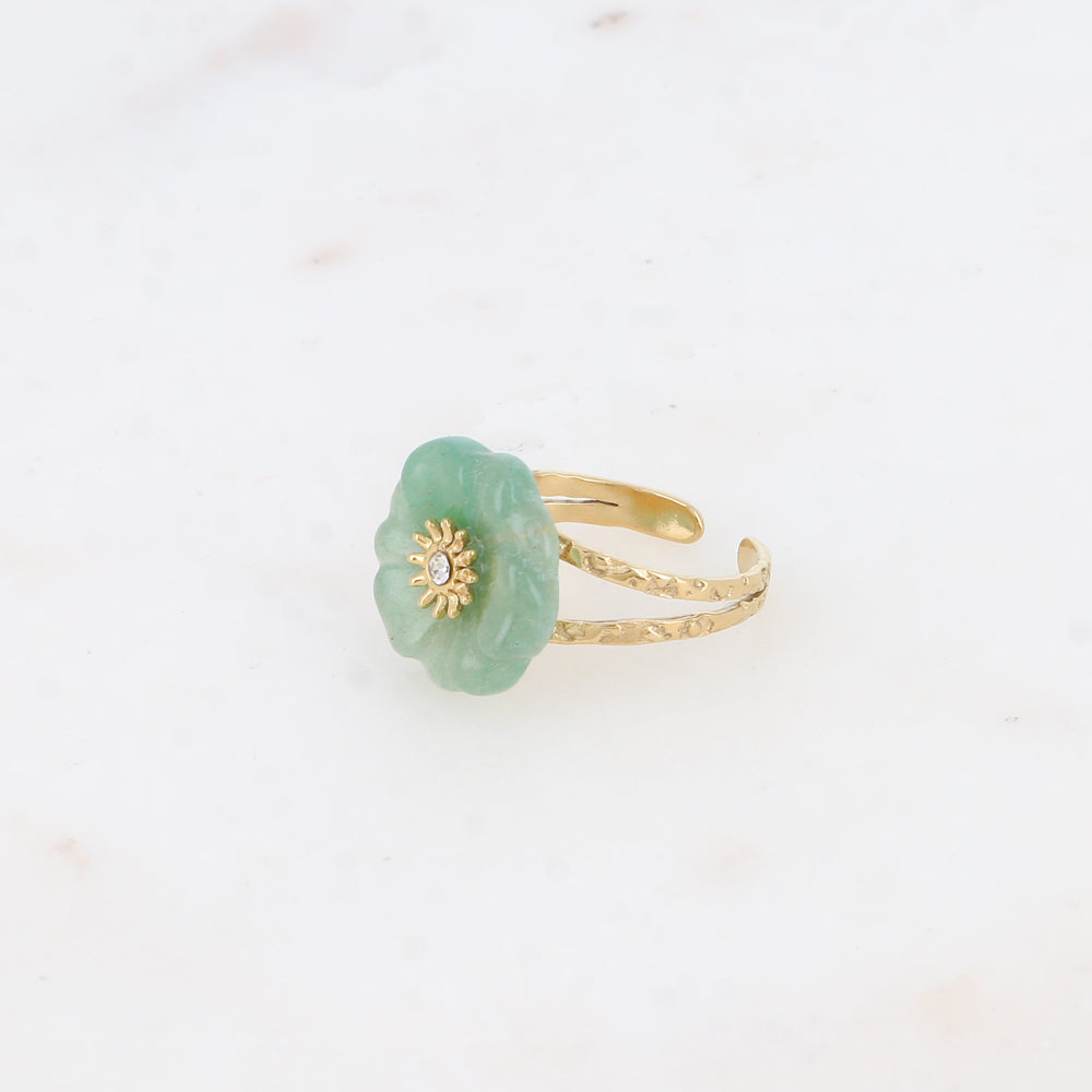 Bague - fleur en pierre naturelle aventurine verte avec oxyde de zirconium