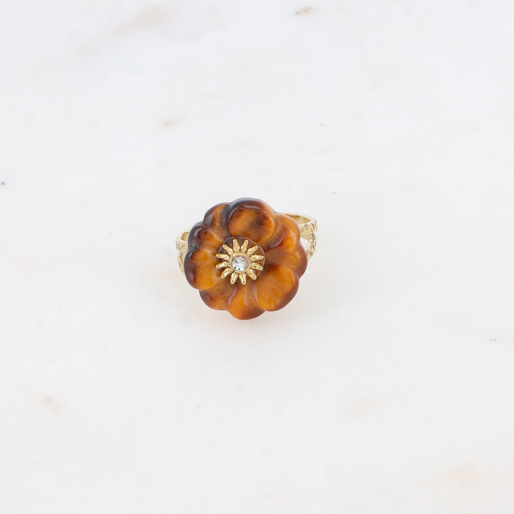 Bague - fleur en pierre naturelle œil de tigre avec oxyde de zirconium