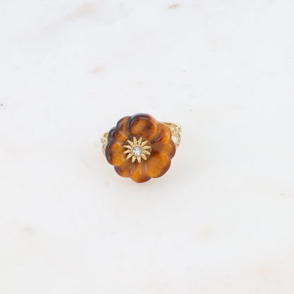 Bague - fleur en pierre naturelle œil de tigre avec oxyde de zirconium