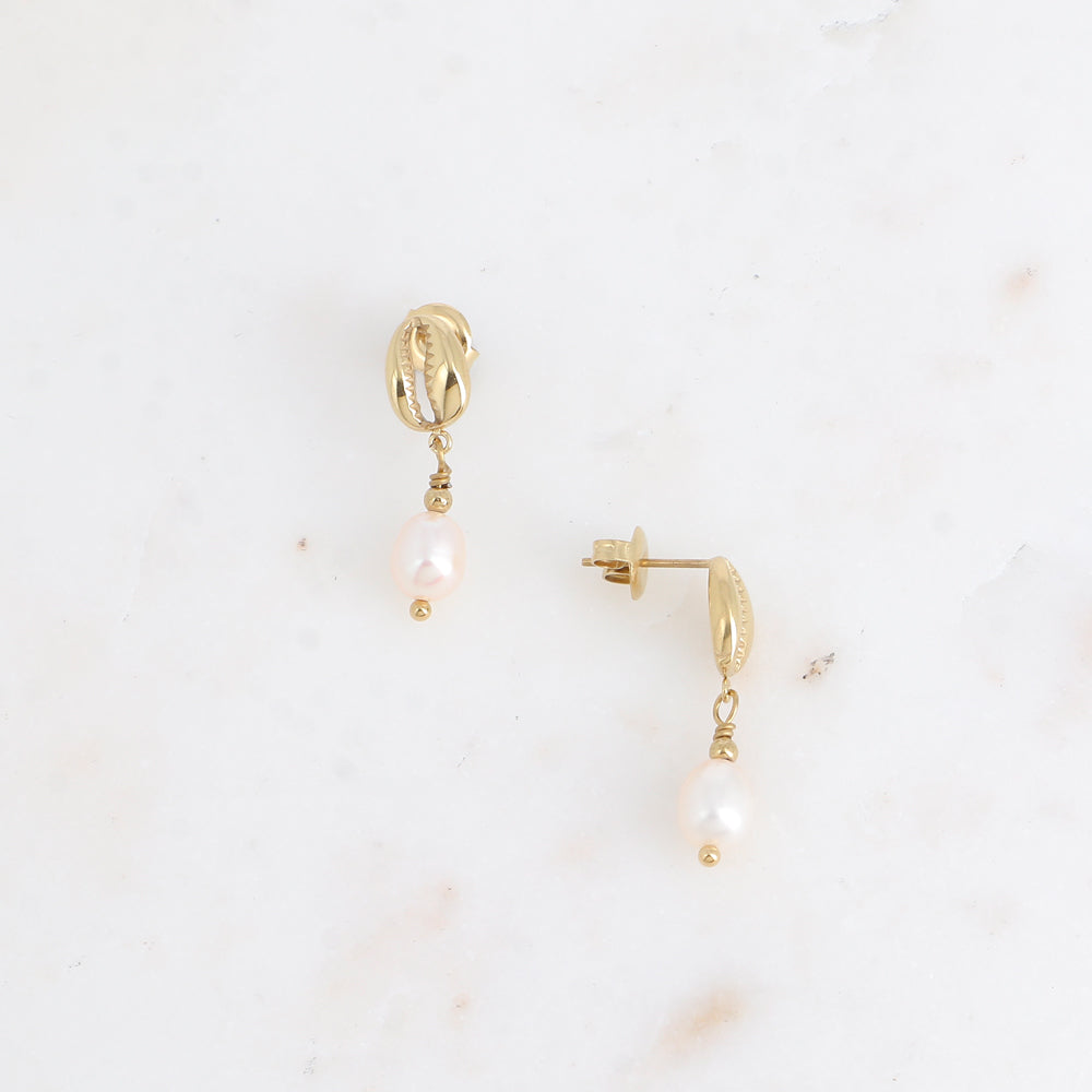 Boucles pendantes - cauri et perle d'eau douce 7x26 mm