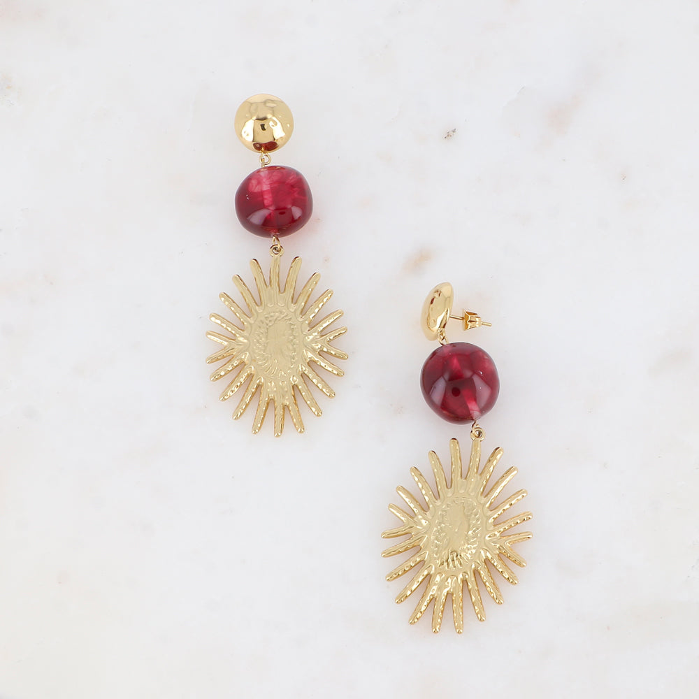 Boucles pendantes - 3 pièces, demi boule martelée, acétate bordeaux et pièce florale ovale 30x76 mm