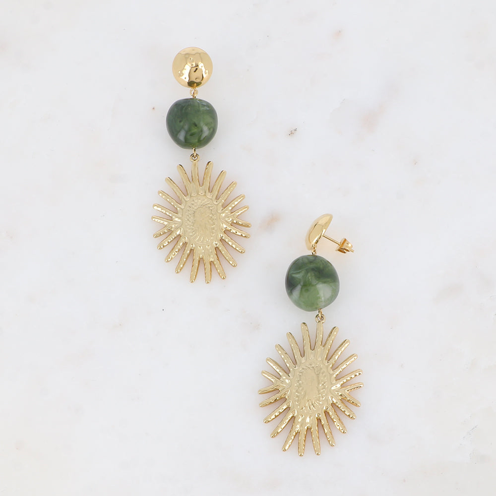 Boucles pendantes - 3 pièces, demi boule martelée, acétate vert et pièce florale ovale 30x76 mm