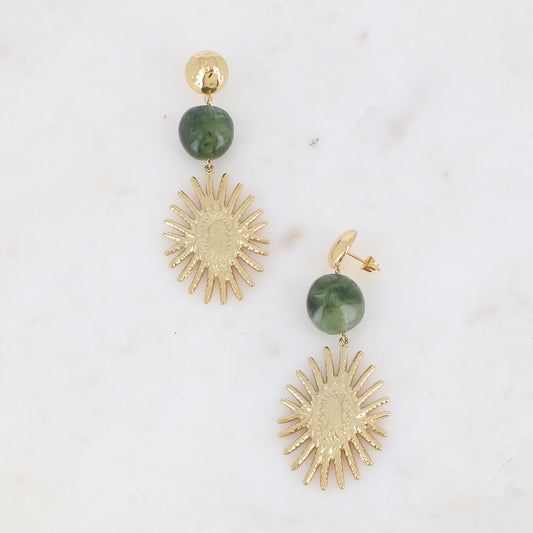 Boucles pendantes - 3 pièces, demi boule martelée, acétate vert et pièce florale ovale 30x76 mm