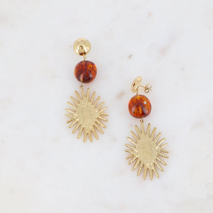 Boucles pendantes - 3 pièces, demi boule martelée, acétate marron et pièce florale ovale 30x76 mm