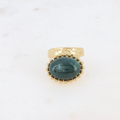 Bague Angeline - pierre naturelle ovale agate mousse et contour boules
