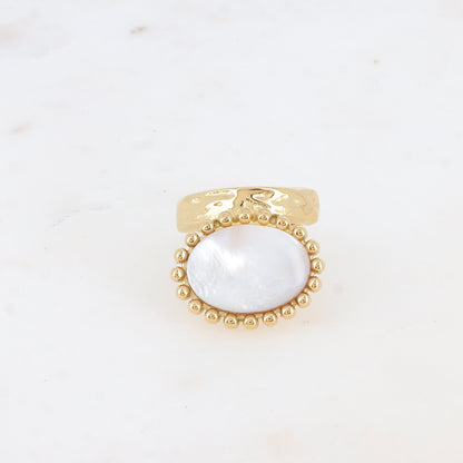 Bague Angeline - nacre blanche ovale et contour boules