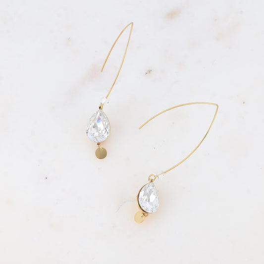 Boucles pendantes - long crochet orné de cristaux de Swarovski® goutte 10x14mm et toupie - Crystal - Dimensions du cristal : 10 x 14 mm - Longueur boucle d’oreille : 40 mm