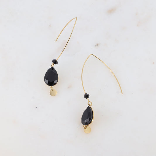 Boucles pendantes - long crochet orné de cristaux de Swarovski® goutte 10x14mm et toupie - Jet - Dimensions du cristal : 10 x 14 mm - Longueur boucle d’oreille : 40 mm