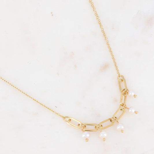 Collier avec anneaux rectangulaires arrondis et perle d'eau douce (45+5CM)
