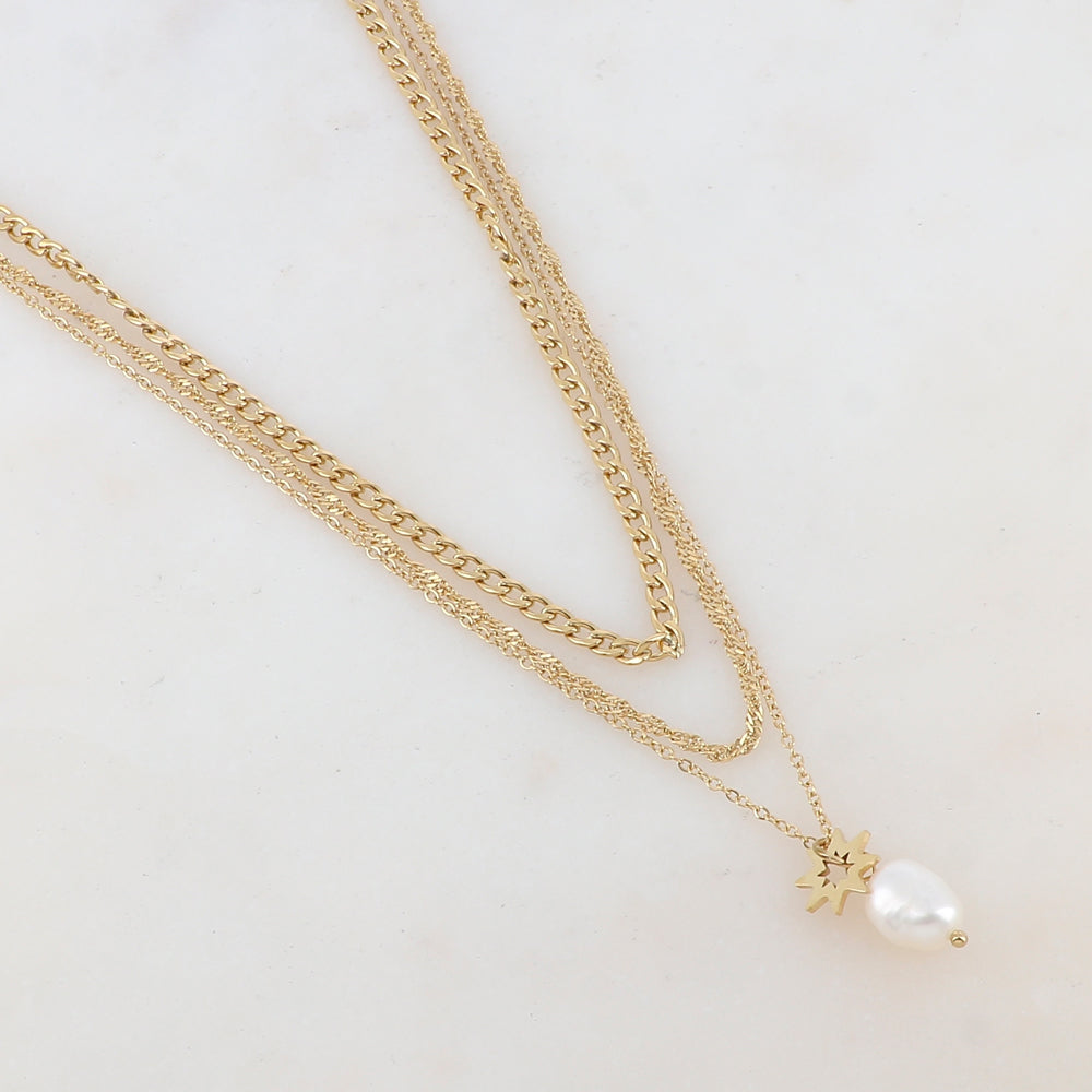 Collier triple rangs en maille avec perle d'eau douce et soleil (39/40/41+7CM)