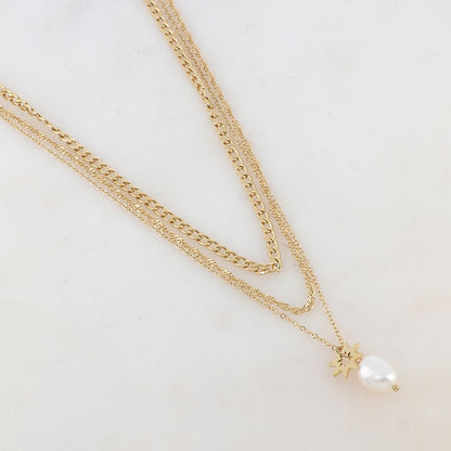 Collier triple rangs en maille avec perle d'eau douce et soleil (39/40/41+7CM)