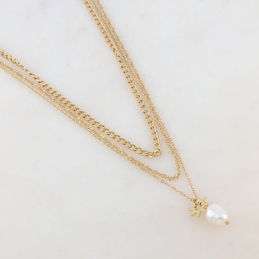 Collier triple rangs en maille avec perle d'eau douce et soleil (39/40/41+7CM)