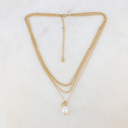 Collier triple rangs en maille avec perle d'eau douce et soleil (39/40/41+7CM)